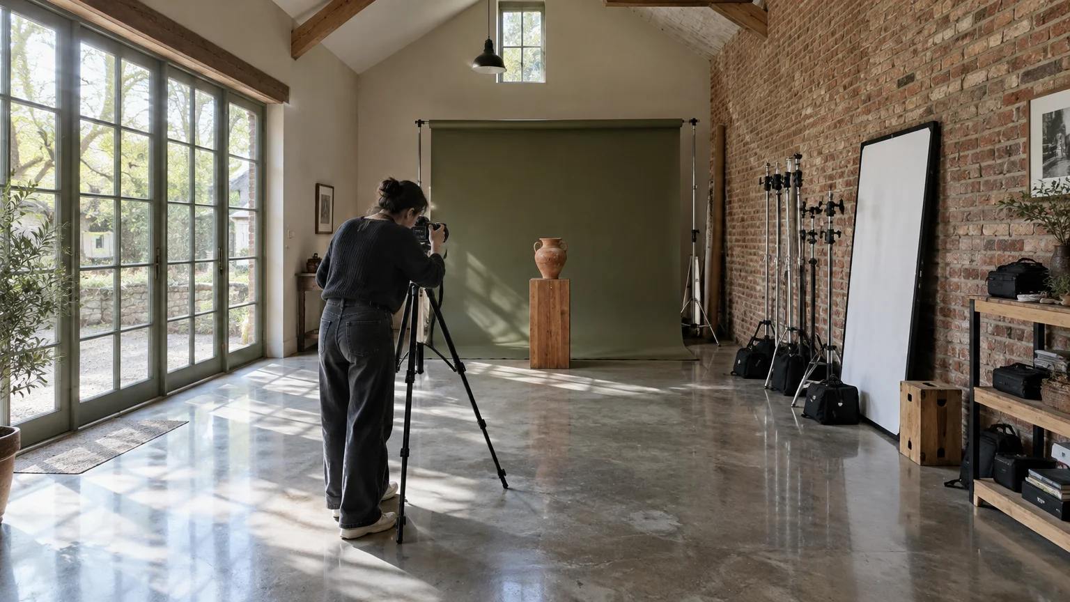 A photographer taking pictures of a clay vase on a pedestal in a bright studio with brick walls and a green backdrop.