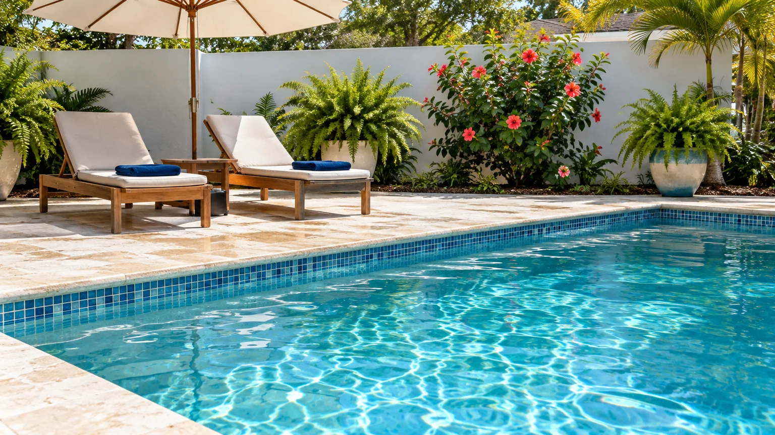 Turquoise backyard swimming pool beside a stone patio with two cushioned lounge chairs, an umbrella, and potted plants.