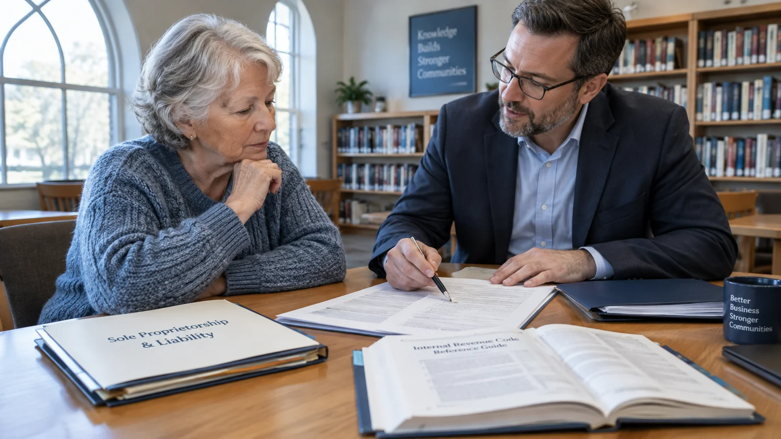 A man in a suit reviews paperwork with a senior woman at a wooden table with reference books in a library.