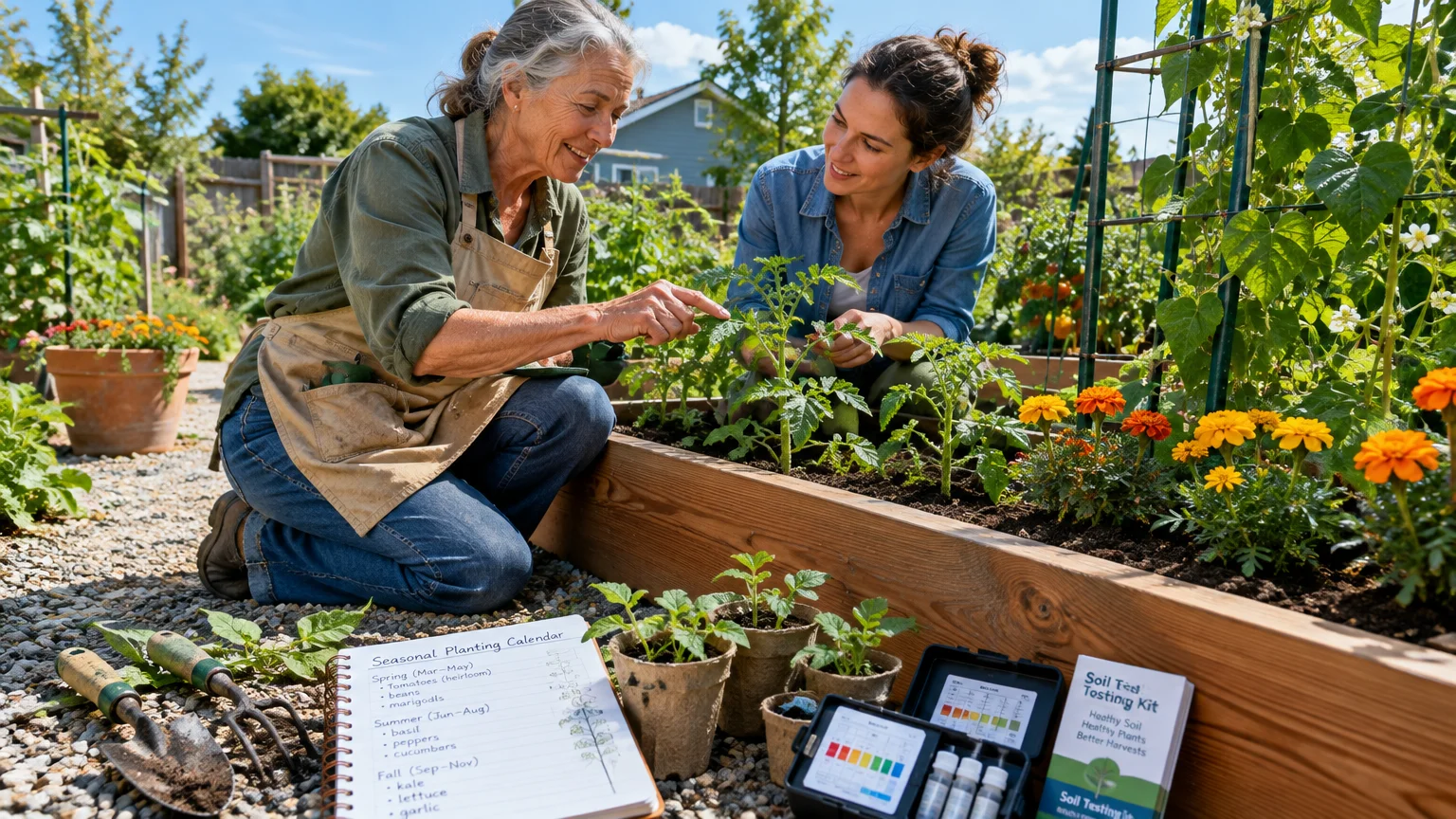 Two women examine plants in a raised garden bed beside a soil test kit, seedlings, and a seasonal planting calendar.
