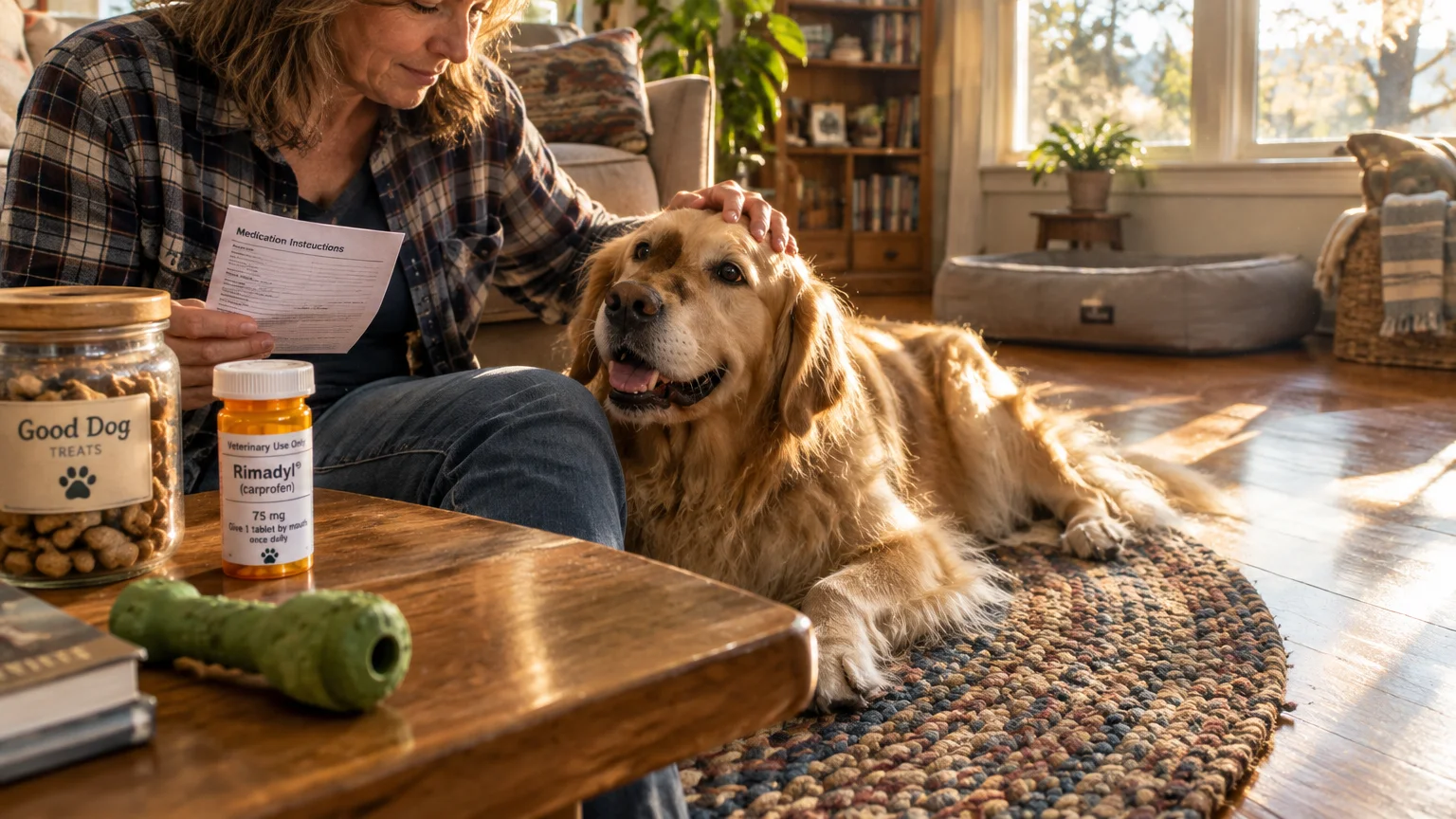 A woman pets a golden retriever on a living room rug while reading medication instructions next to a prescription bottle.