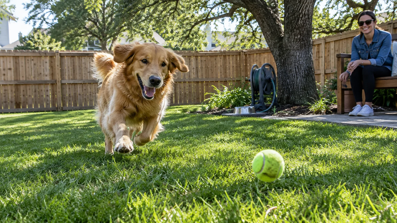 A golden retriever runs after a tennis ball on a grassy lawn while a woman watches from a bench along a wooden fence.