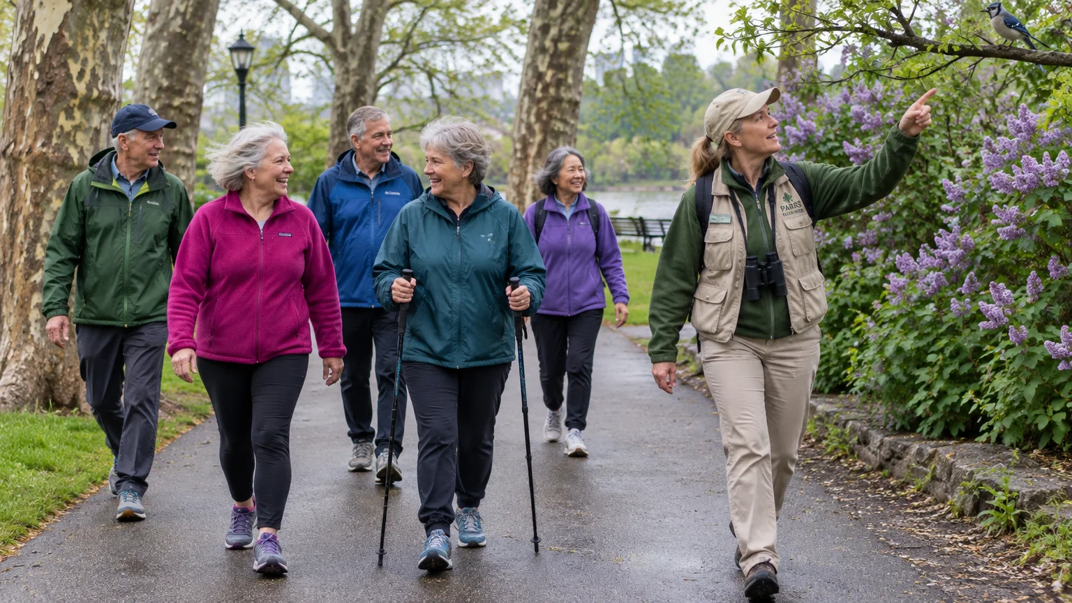 A park guide points toward a bird in a tree while leading a group of smiling older adults along a paved park path.