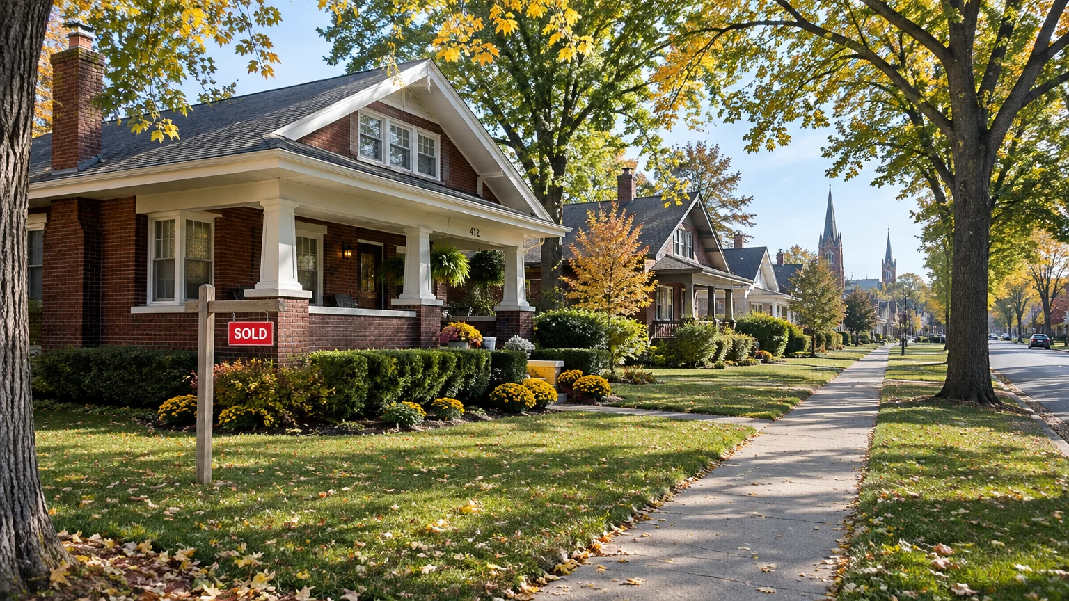 Brick craftsman bungalow with a red sold sign in the front yard, along a tree-lined sidewalk in autumn.