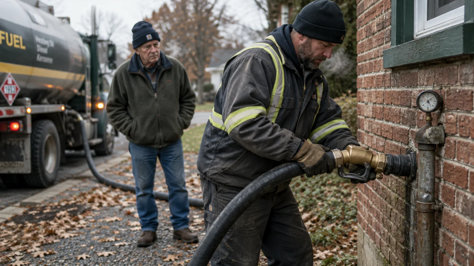 A worker in high-visibility gear connects a fuel delivery hose to a brick house pipe while an older man watches.