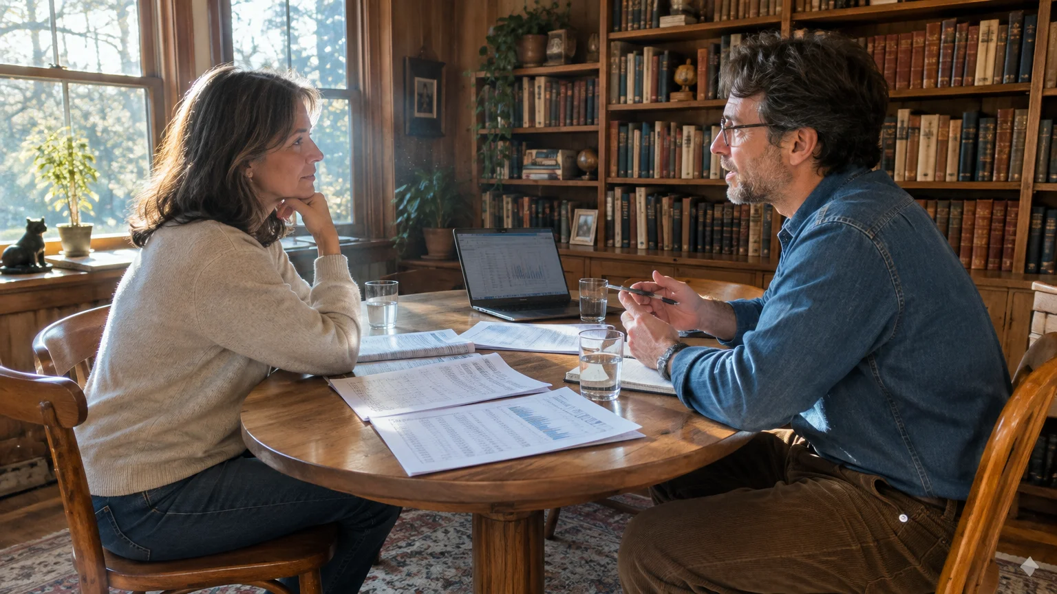 A man and woman sit at a round wooden table reviewing financial paperwork and a laptop in a book-lined home office.