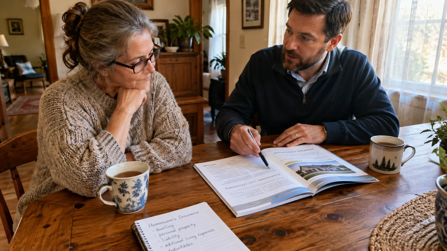 A man and woman review homeowners insurance paperwork and notes at a wooden dining table.