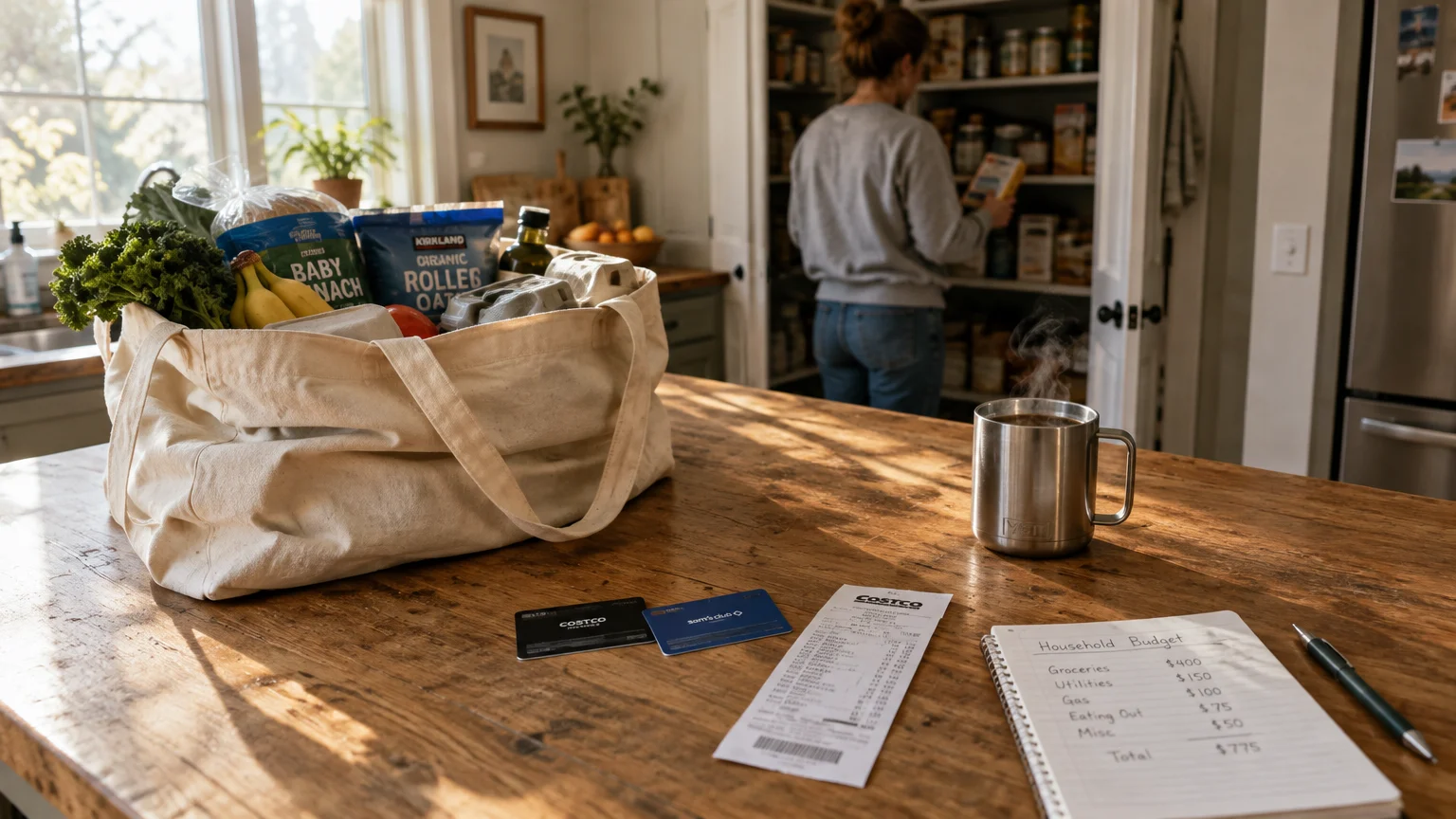 Groceries in a tote bag, membership cards, a receipt, and a budget notebook sit on a wooden kitchen island.