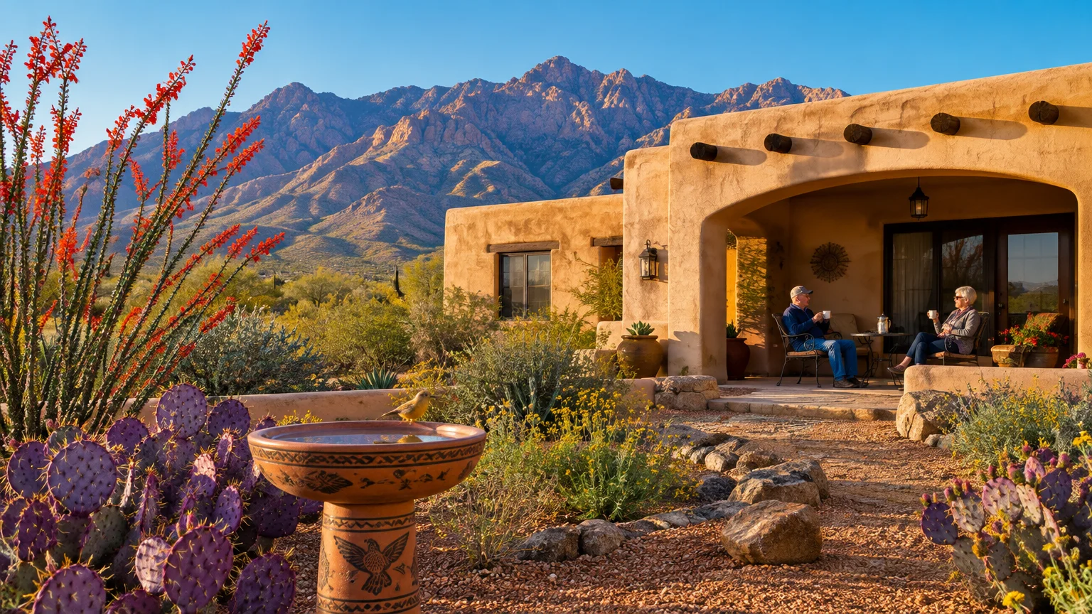 Older couple sits on an adobe home patio with desert cacti, a birdbath, and rugged mountain peaks behind.