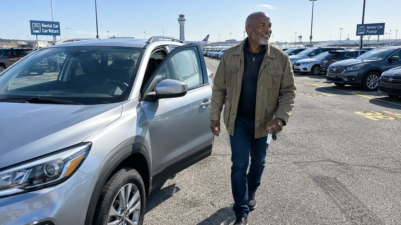 A smiling older man holds car keys and walks away from a silver SUV in an airport rental car parking lot.