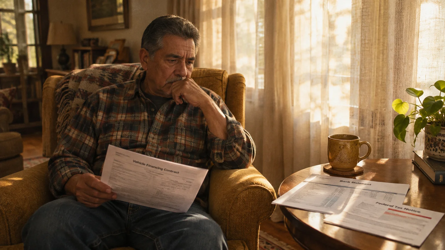 A man sits in an armchair holding a vehicle financing contract near a table with financial and tax documents.