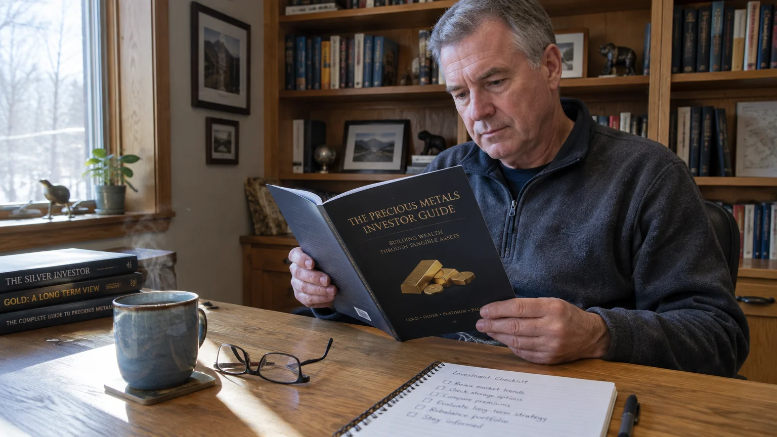 A man sitting at a wooden desk reading a booklet titled The Precious Metals Investor Guide, near a notebook and coffee mug.