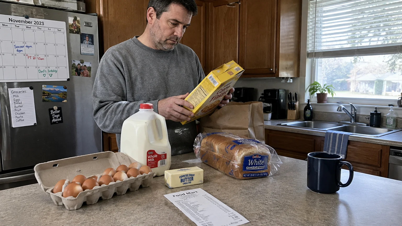 A man standing in a kitchen examines a cereal box beside groceries, milk, eggs, bread, butter, and a receipt.