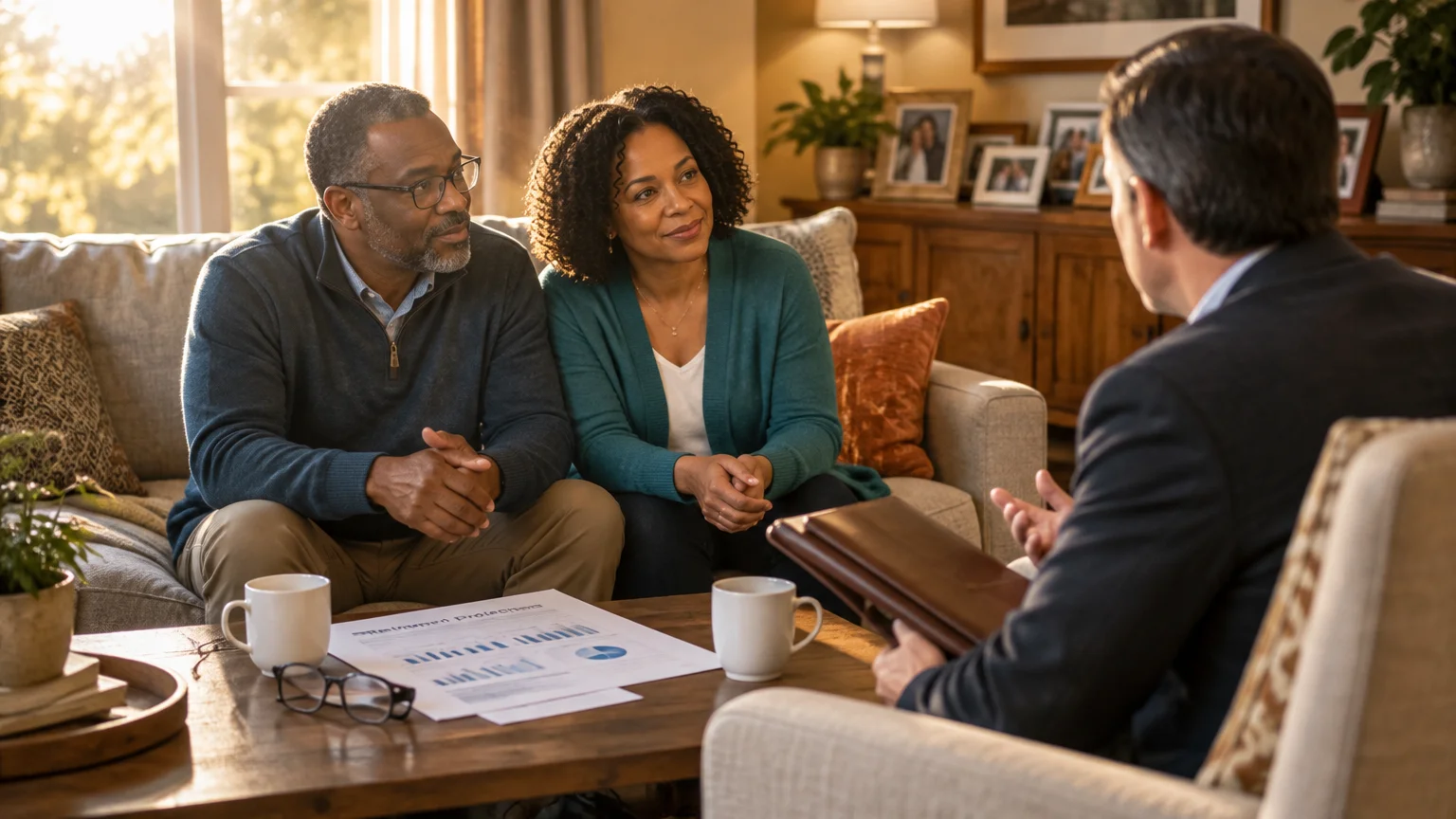 Couple sitting on a sofa in a living room consulting with a financial advisor holding a binder across a coffee table.