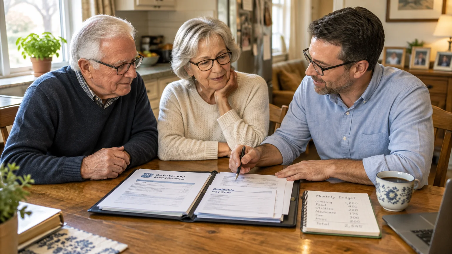 An older couple sits at a wooden table with a financial advisor reviewing a pay stub and Social Security statement.