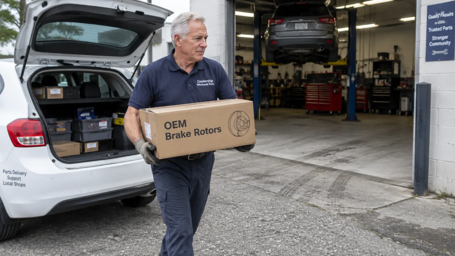 An older man in a navy uniform carries a cardboard box of OEM brake rotors away from a white car outside an auto repair shop.
