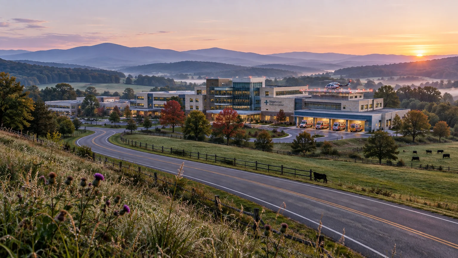 Modern hospital complex nestled in rolling green hills with mountains, pastures, and a helicopter on the helipad at sunrise.