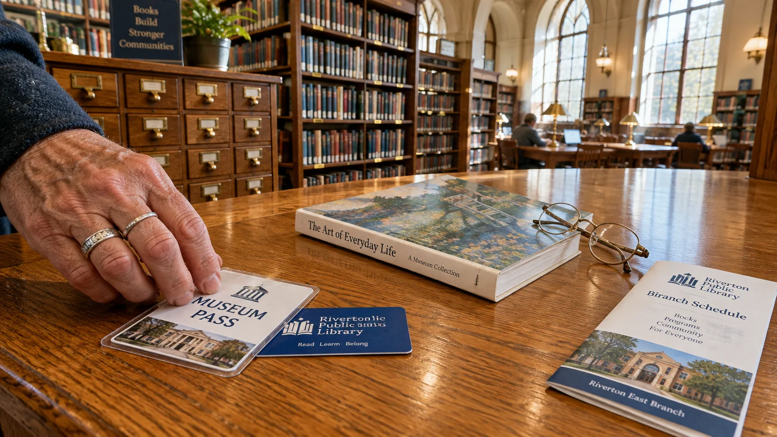 A hand holding a museum pass beside a library card, book, and eyeglasses on a wooden table in a library.