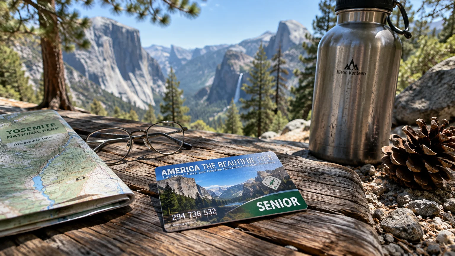 America the Beautiful Senior pass card, glasses, map, and water bottle on a wooden table overlooking Yosemite Valley.