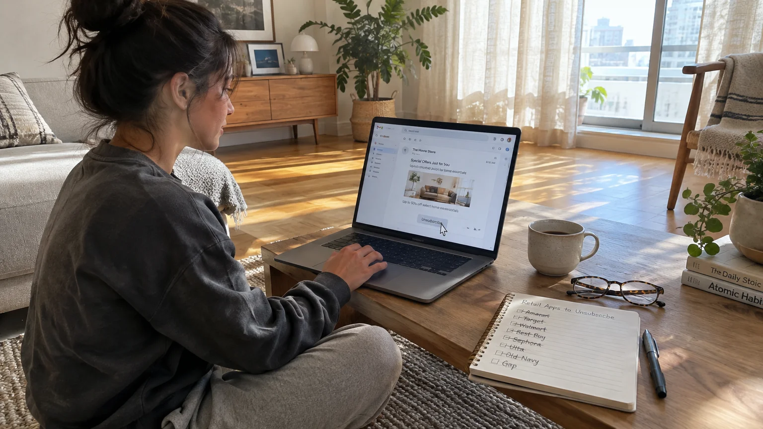 A woman sits by a coffee table using a laptop to unsubscribe from retail emails beside a handwritten checklist notebook.