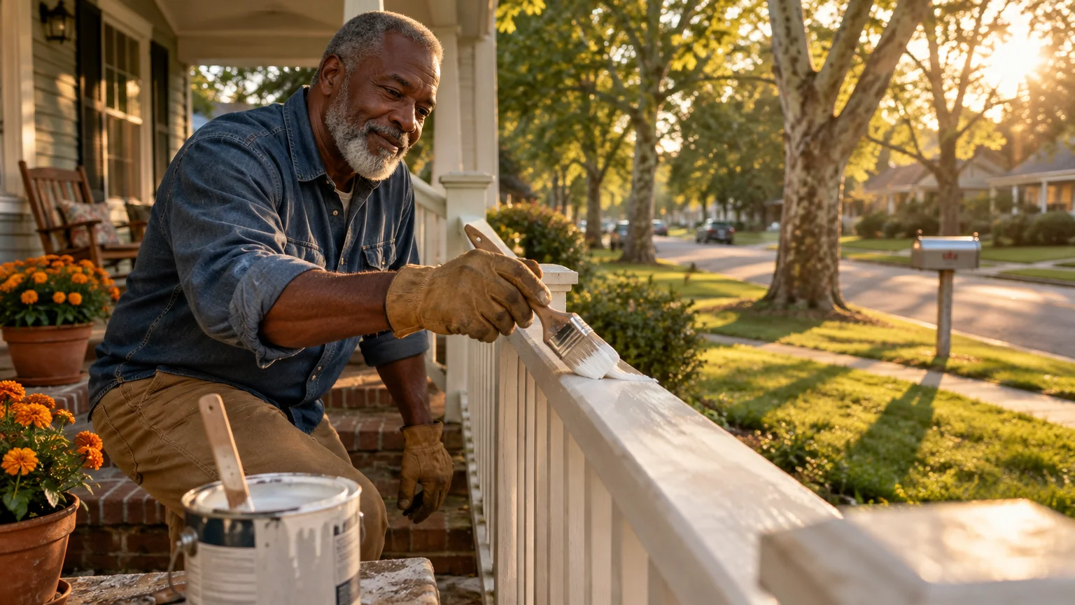 Senior man painting the white porch railing of a suburban home on a sunny street.