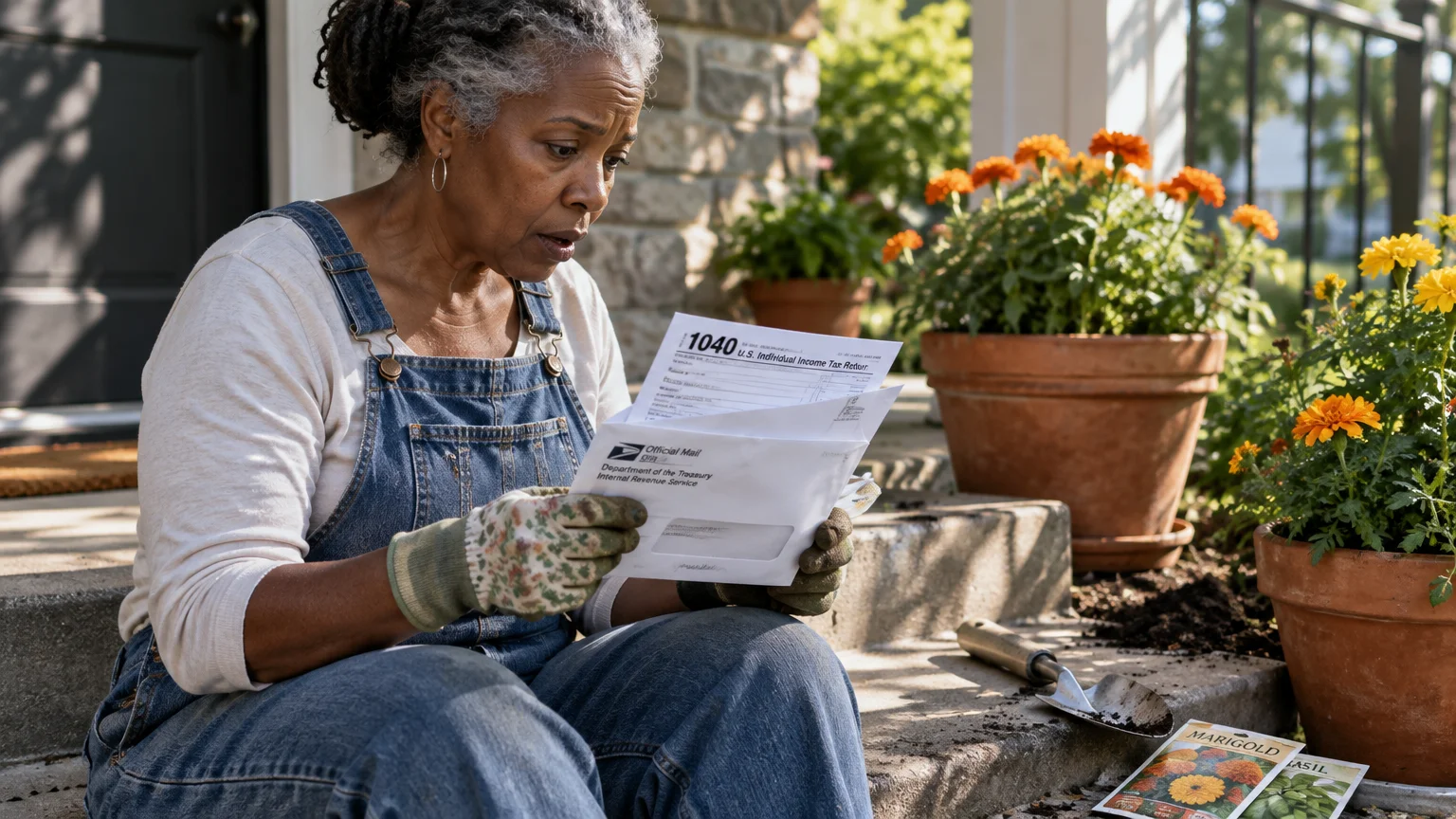 Older woman in overalls sitting on porch steps with gardening tools, intently reading an IRS tax form from an envelope.