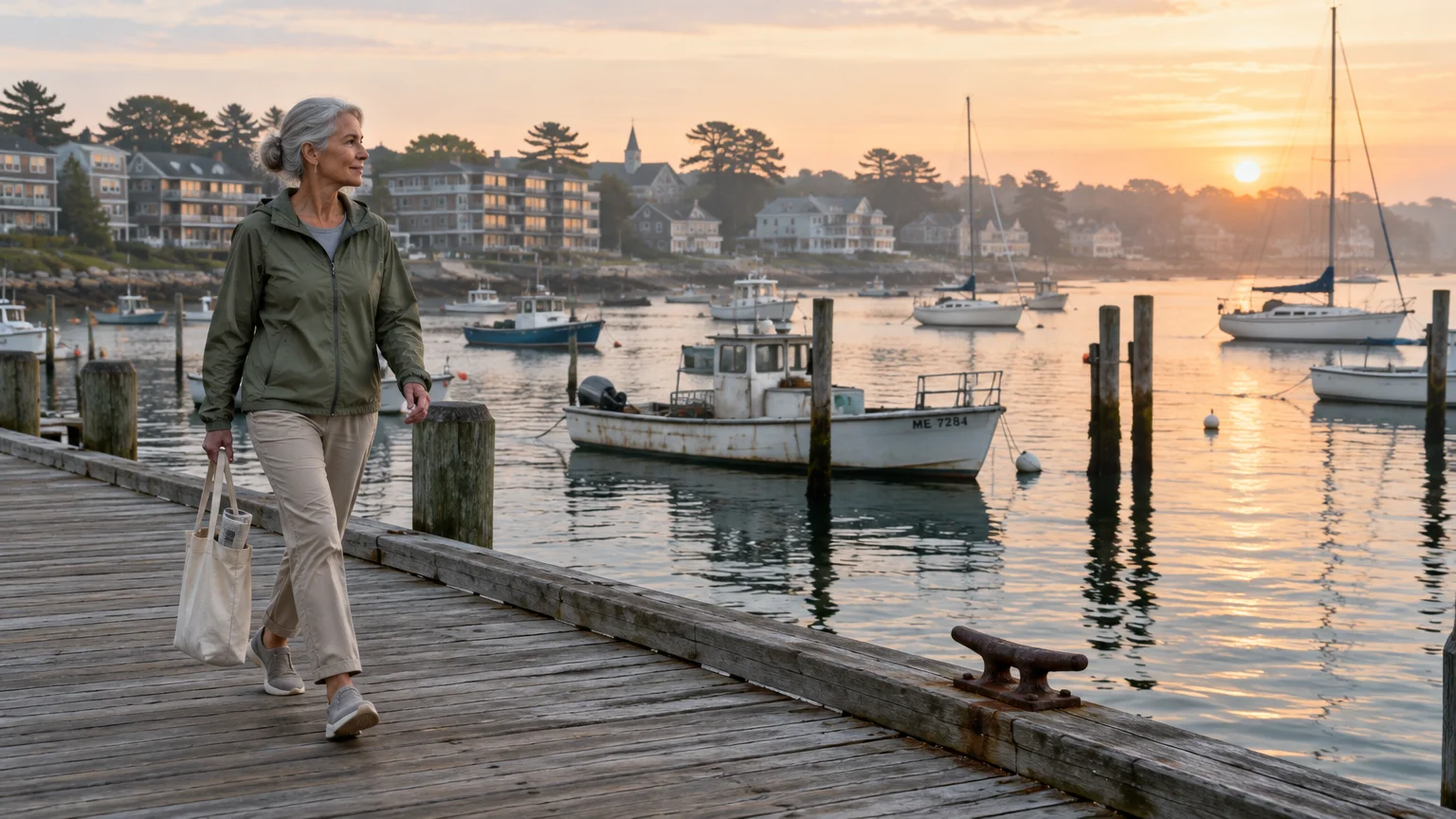 A smiling woman walks along a wooden harbor pier lined with boats during a warm sunrise.