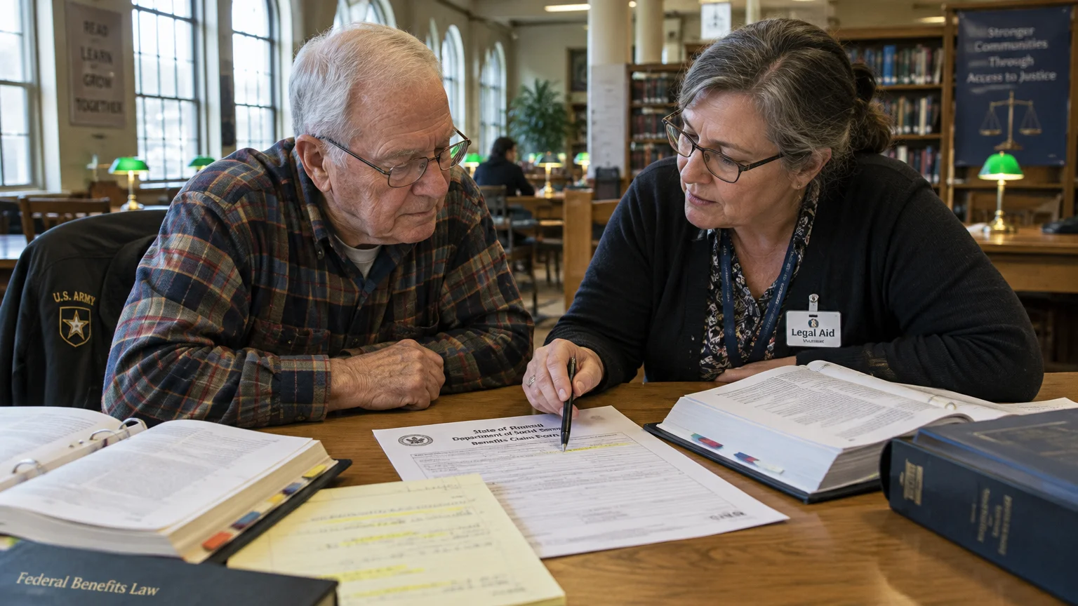 A legal aid advisor points to paperwork on a library table while consulting with an older man beside reference books.