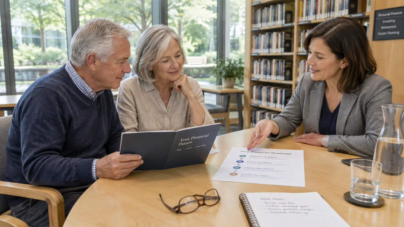A senior couple sits at a wooden table reviewing financial planning documents with a professional advisor.