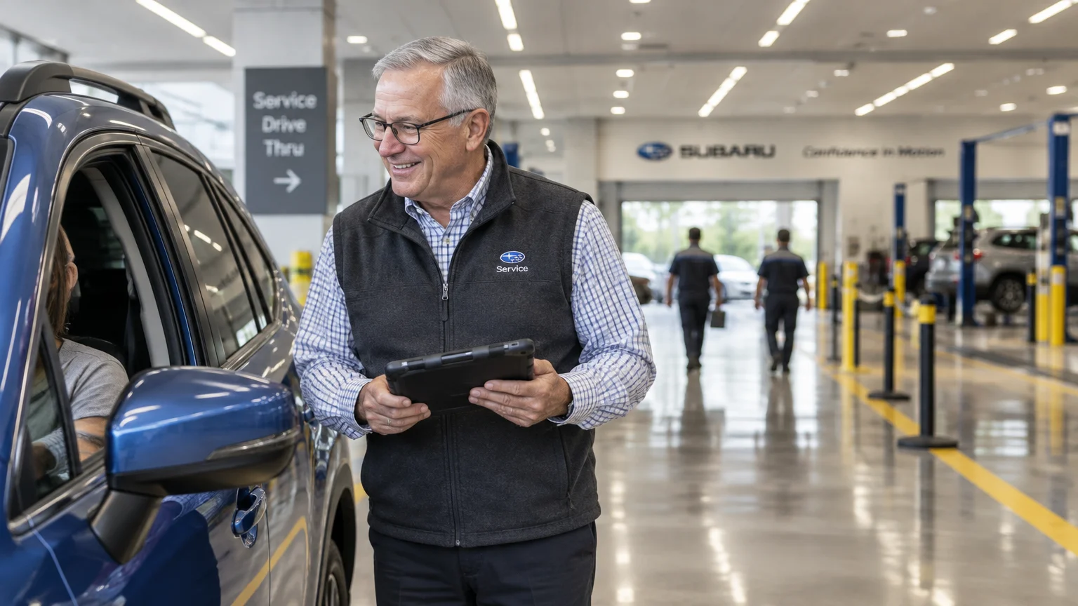 A smiling senior man in a service vest holding a digital tablet next to a car in an auto service drive-thru bay.