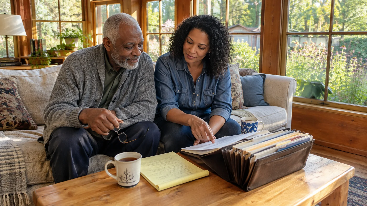 A senior man and an adult woman sit on a sofa reviewing documents and paperwork on a wooden coffee table.