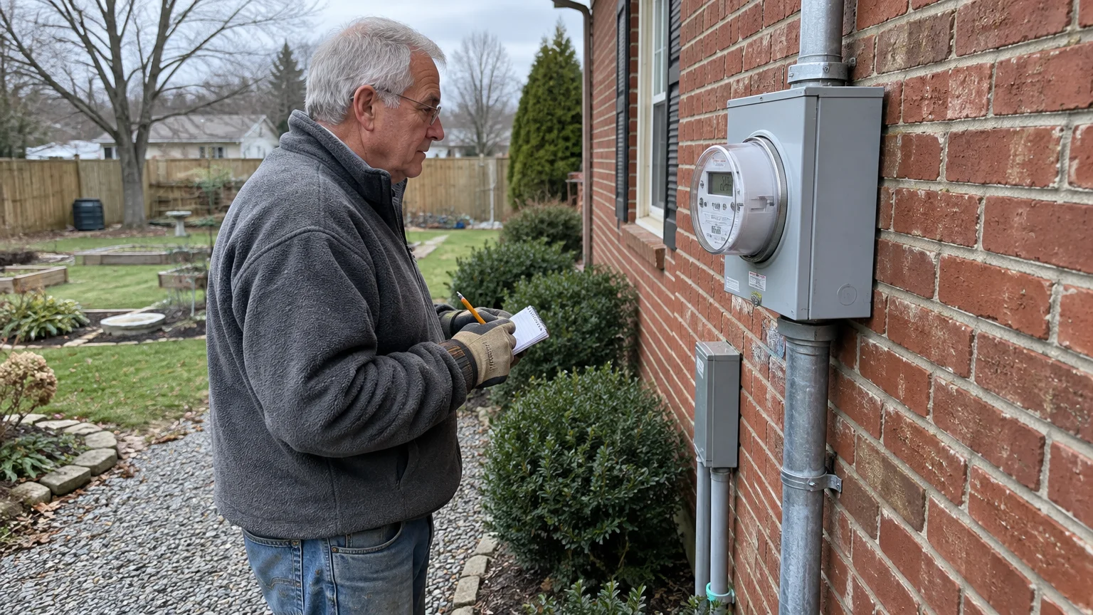 Older man in glasses writing on a notepad while checking an outdoor electric meter mounted on a brick house.