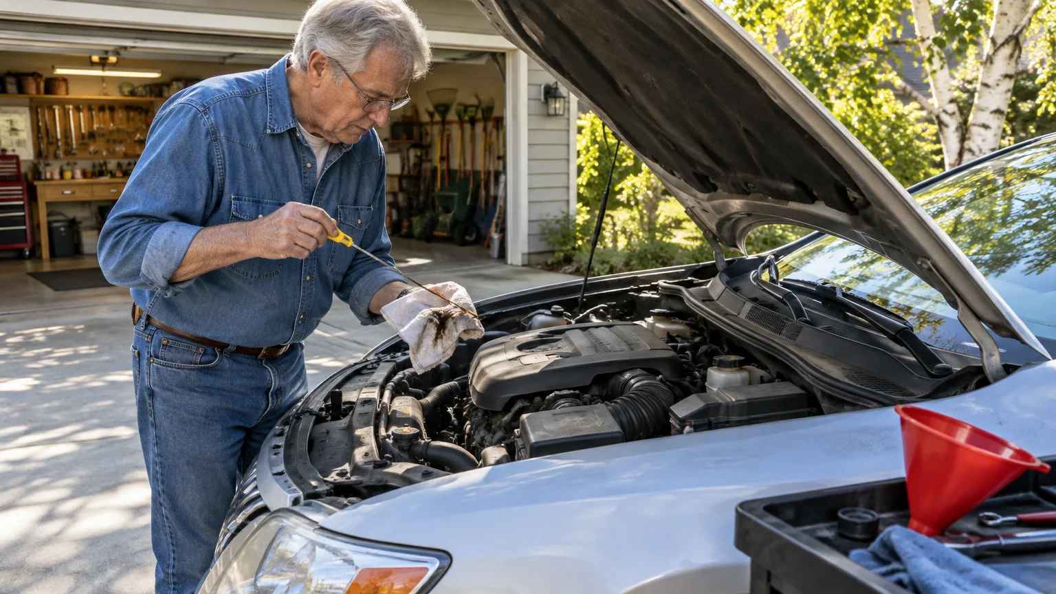 Older man checking car engine oil with a dipstick and rag in a driveway outside an open garage.