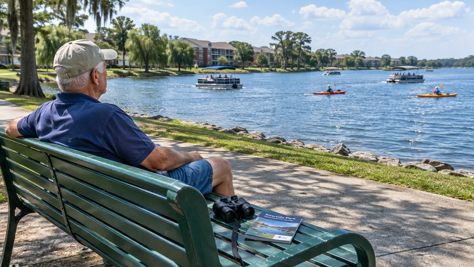 Senior man sitting on a park bench watching pontoon boats and kayakers on a sunny lake near apartment buildings.