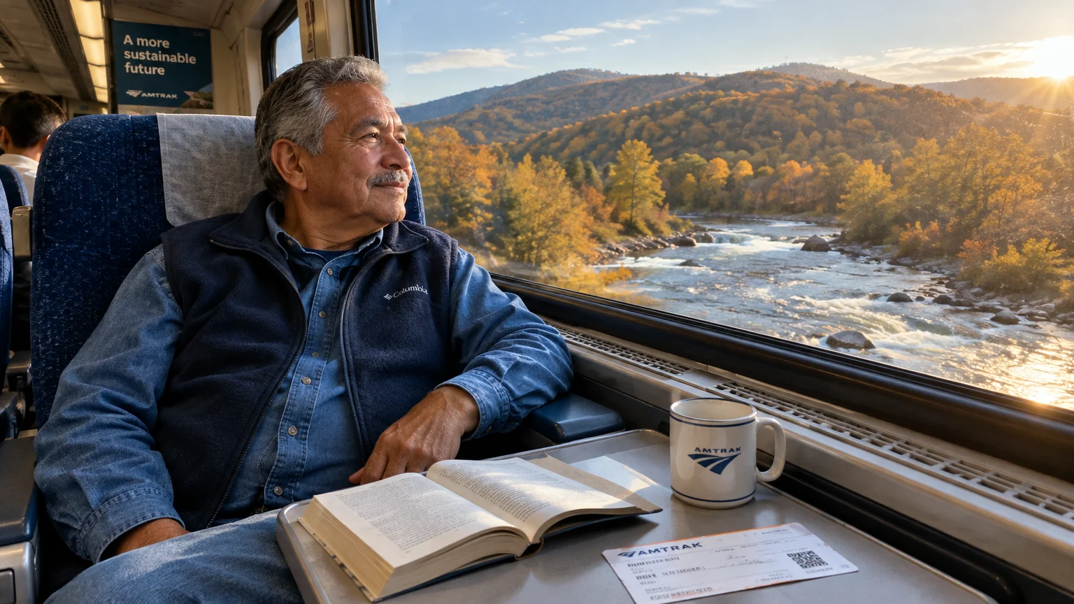 Senior man sitting by a train window with an Amtrak mug and open book, looking out at an autumn river landscape.
