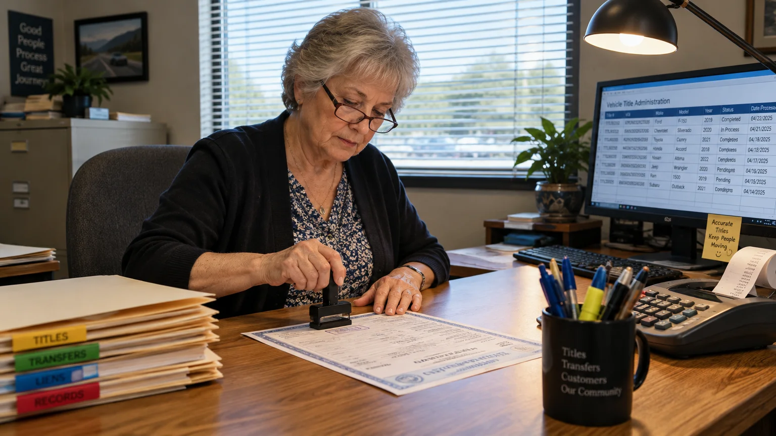 A senior woman wearing glasses stamps a vehicle title document at an office desk next to a computer and file folders.