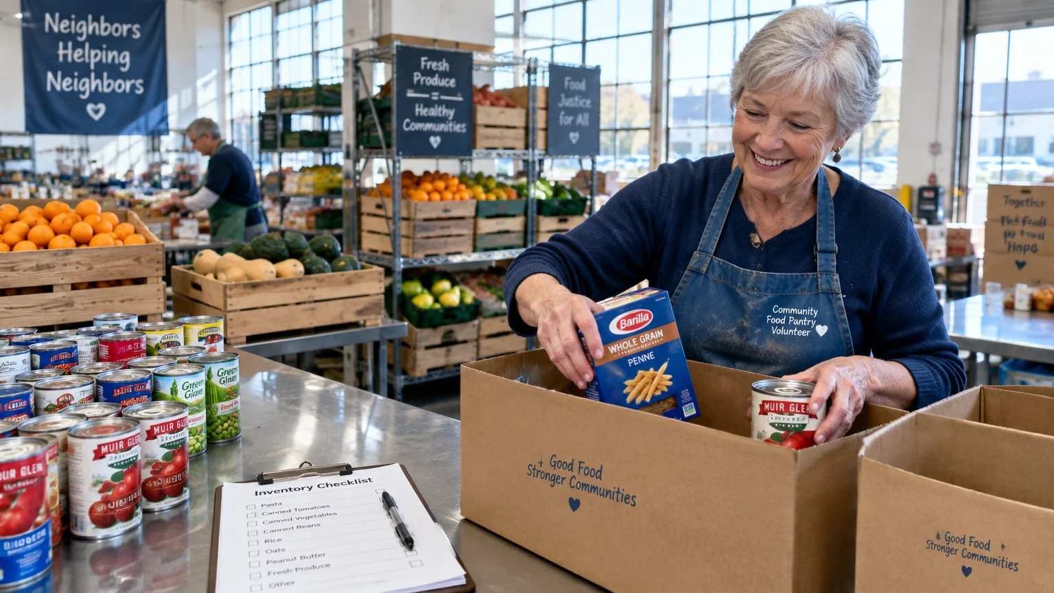 A smiling senior volunteer packs pasta and canned goods into a cardboard donation box at a community food pantry.