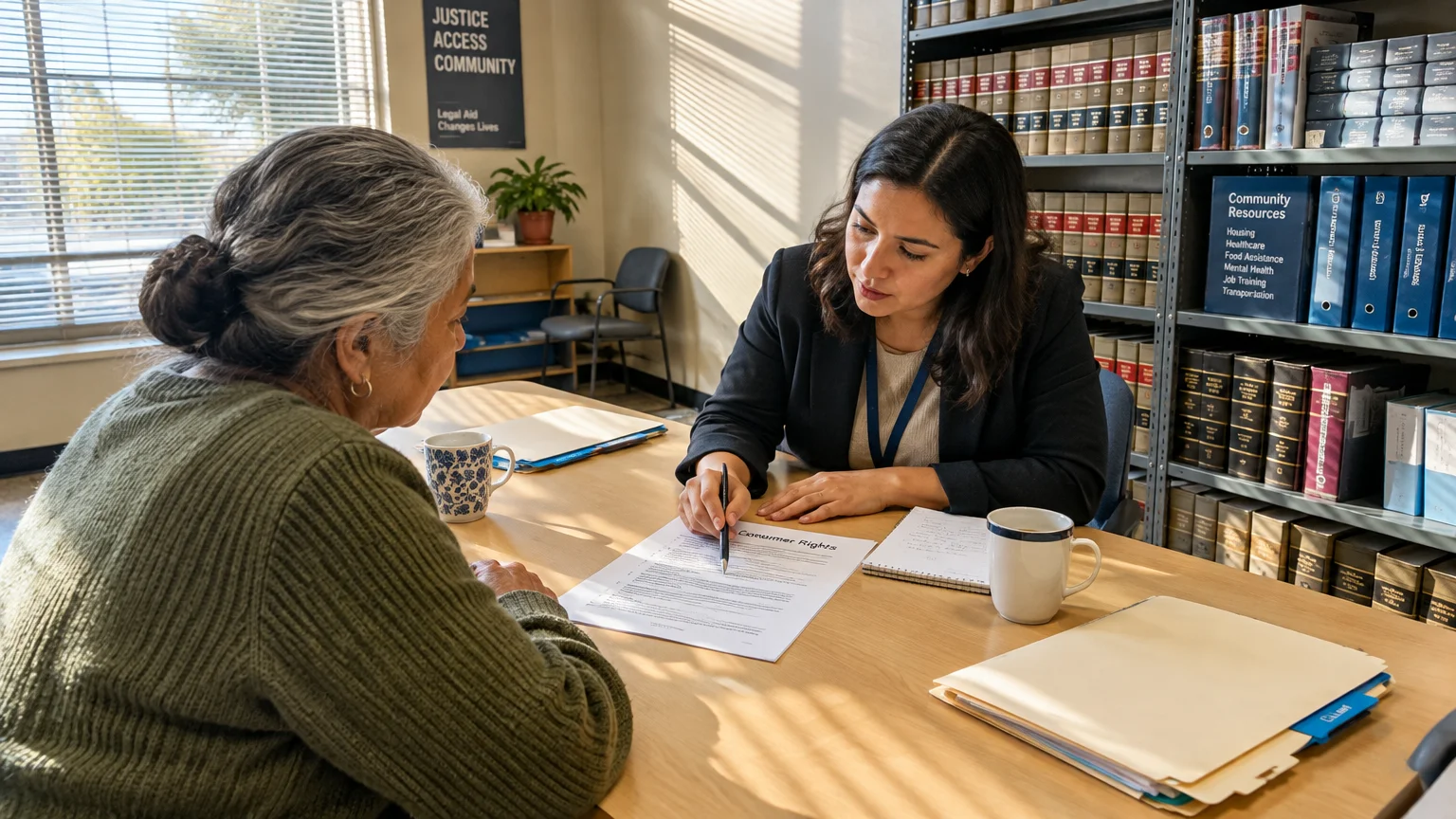 A lawyer at a desk points to a document while consulting with an older woman in a law library office.