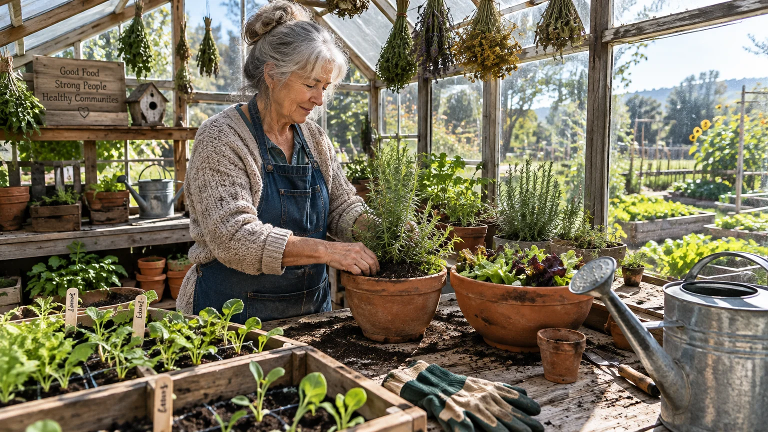 Senior woman potting rosemary and seedlings in terracotta pots inside a bright rustic greenhouse.