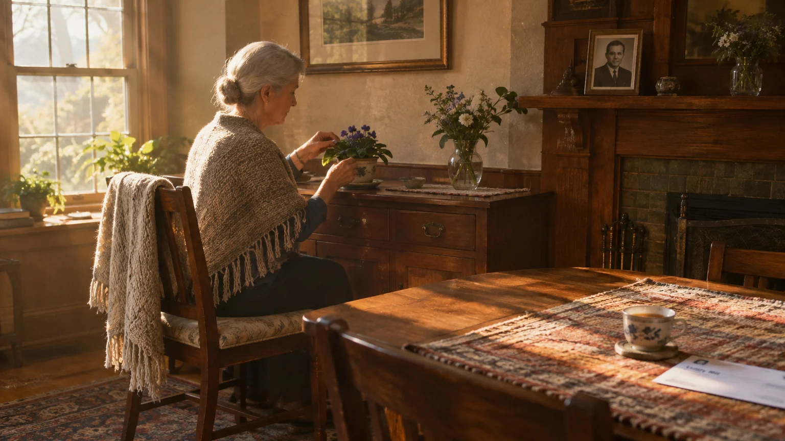 Senior woman sitting inside a sunlit room tending to potted flowers near a dining table and fireplace mantle.
