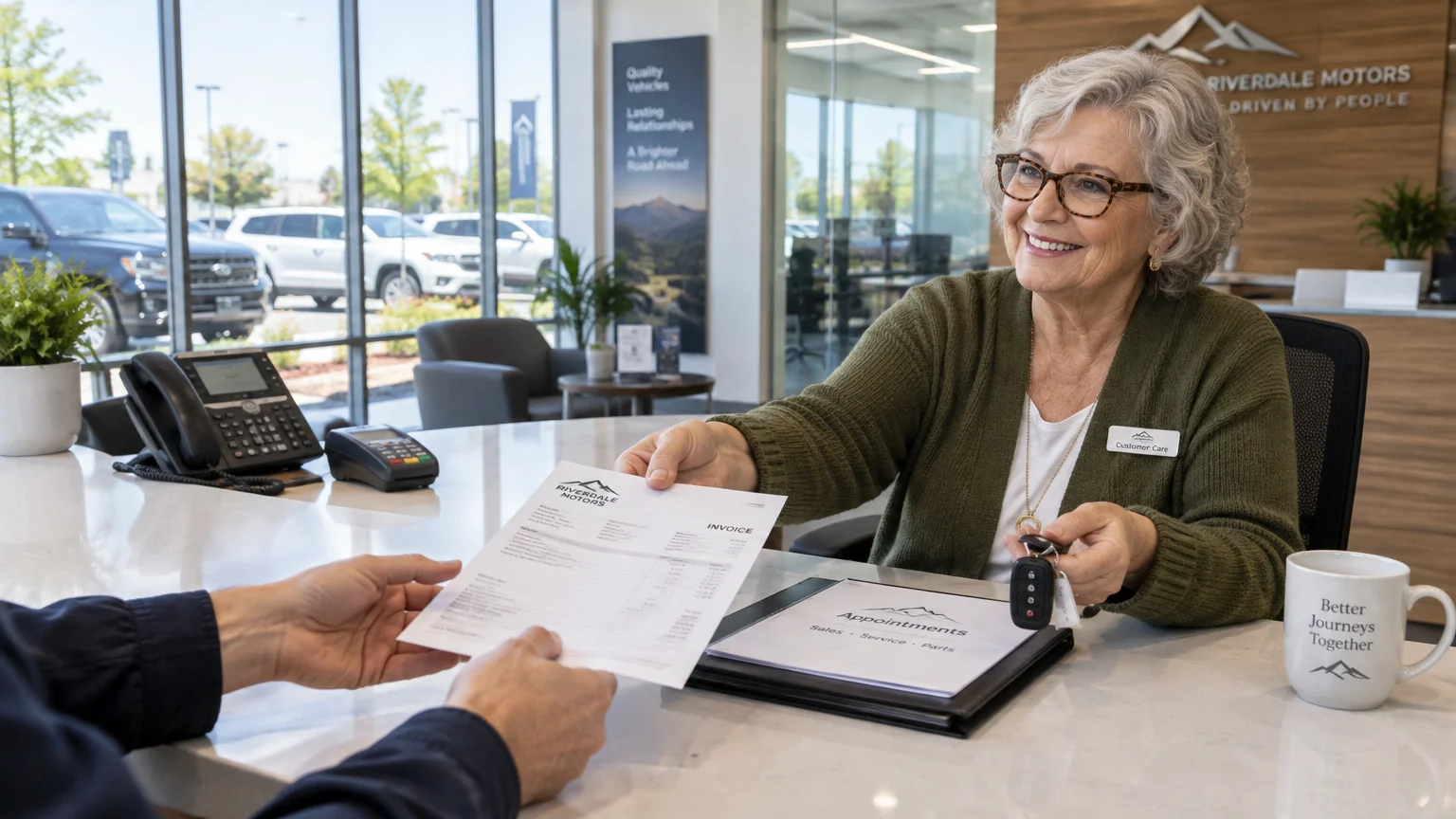 Senior woman with glasses at a dealership service desk handing an invoice and car keys to a customer.