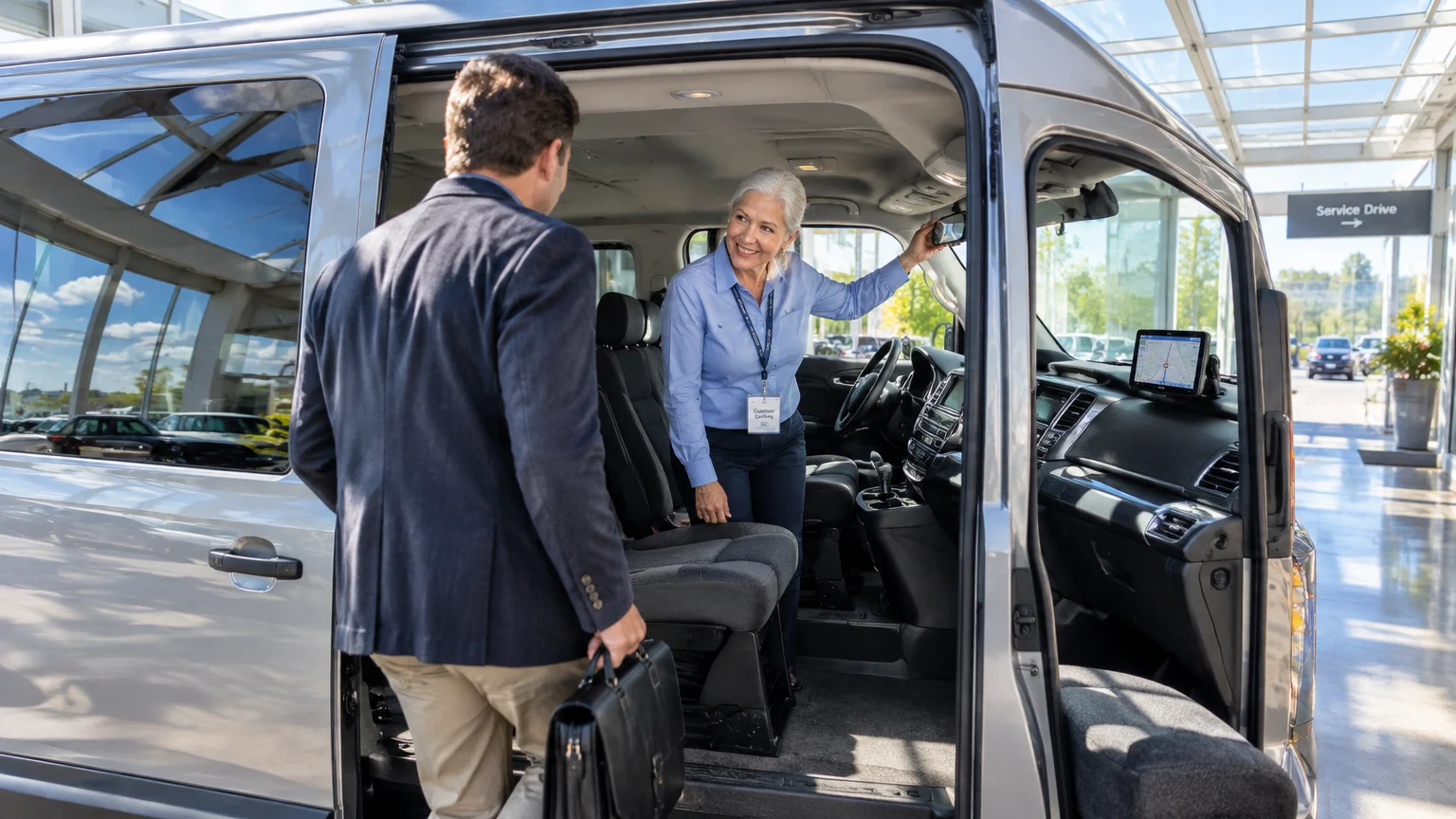 A senior female shuttle driver welcomes a passenger carrying a briefcase into a passenger van at a dealership service drive.