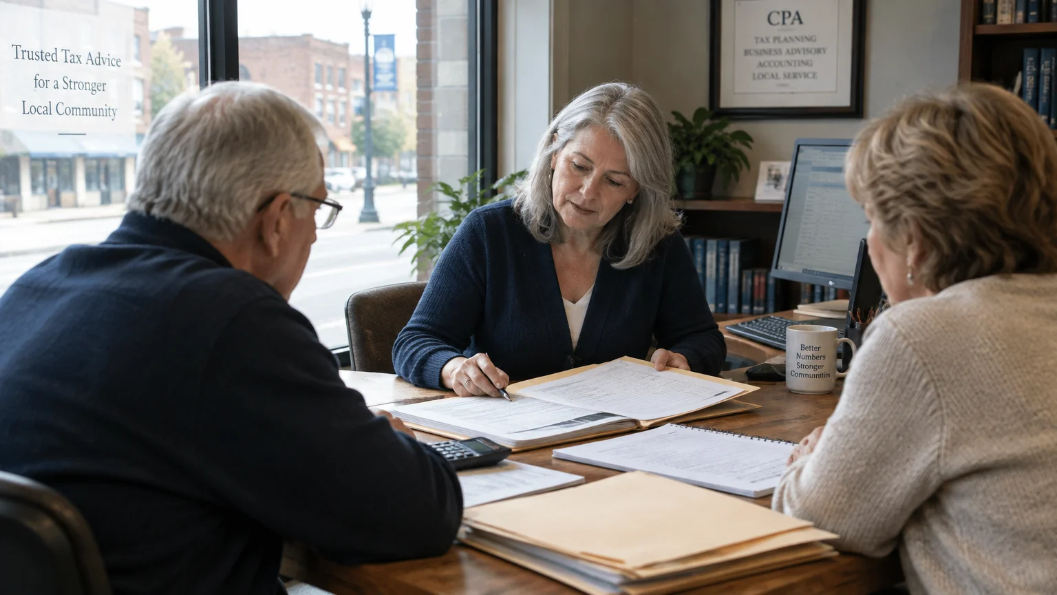 A female tax professional reviews financial paperwork across a desk with an older couple in an office.