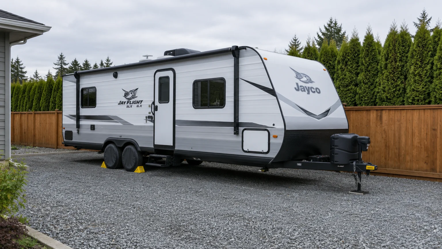 Jayco Jay Flight camper trailer parked on a wide gravel pad alongside a wooden fence and trees.