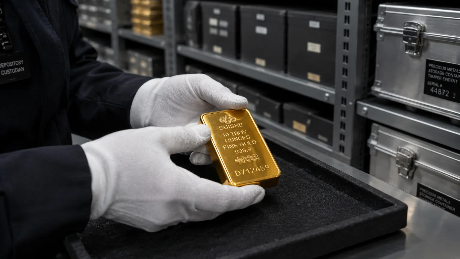 Gloved hands hold a ten-ounce gold bar over a tray in front of secure metal depository storage shelves.