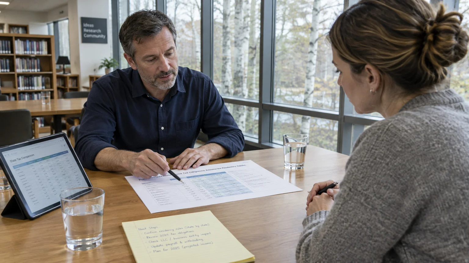 A man and woman sit at a wooden table reviewing printed financial documents, a tablet, and handwritten notes.