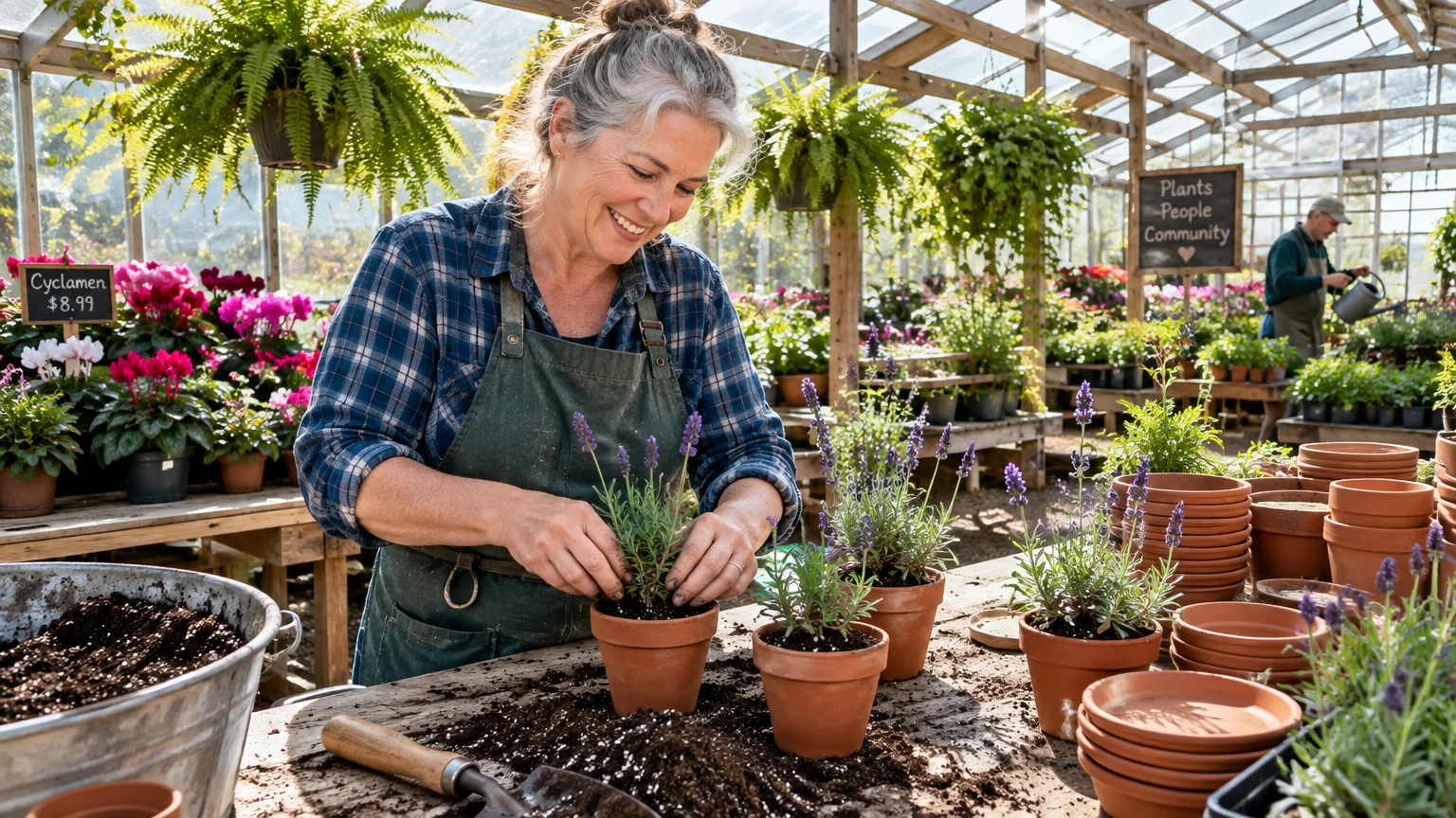 Smiling woman in an apron potting lavender plants inside a sunlit greenhouse filled with potted flowers and hanging baskets.