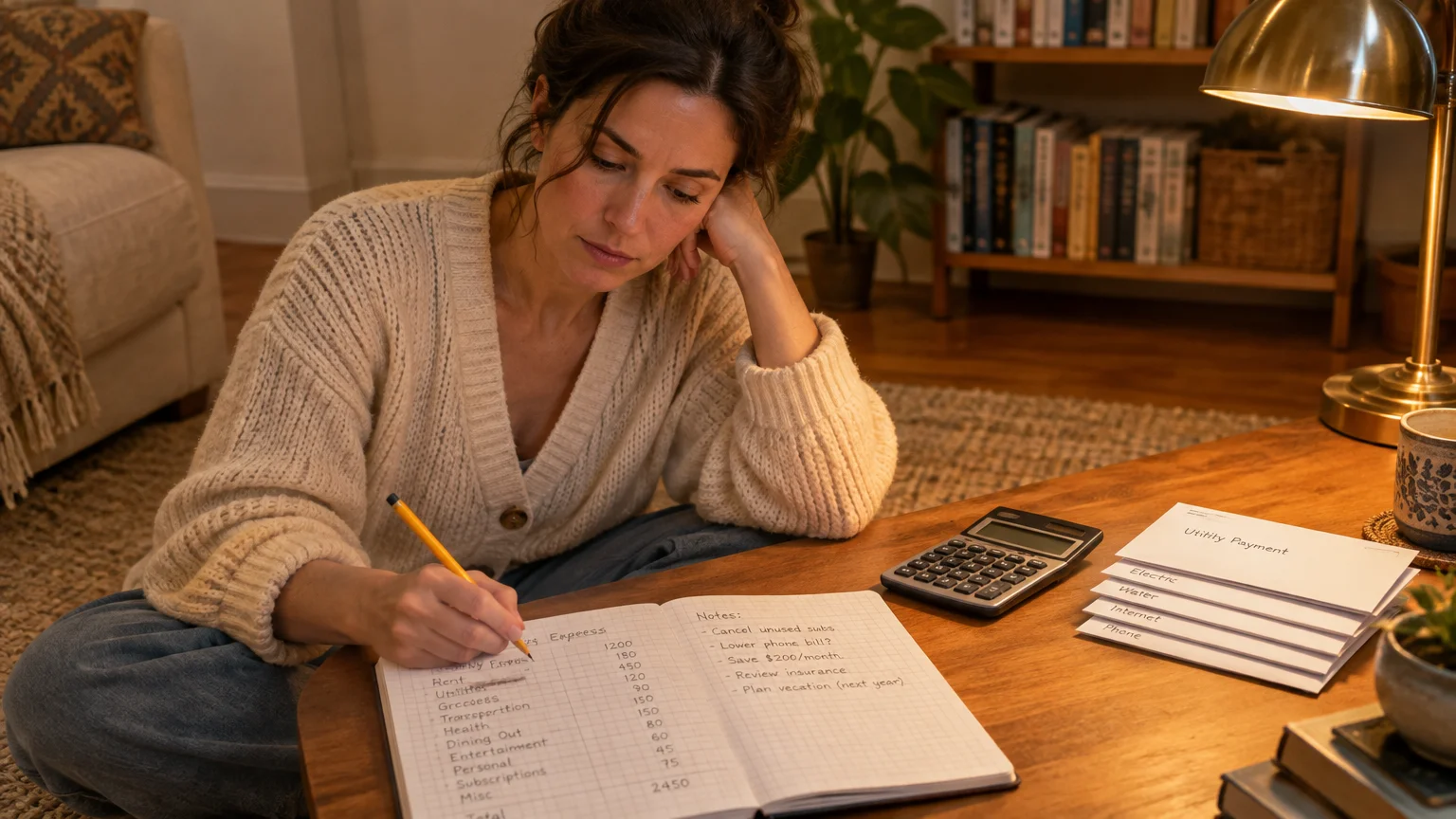 Woman sitting on a rug by a coffee table, writing monthly expenses in a notebook beside utility bills and a calculator.