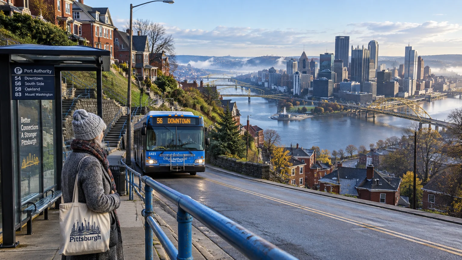 A person waits at a hillside bus stop as a blue city bus approaches, overlooking the Pittsburgh skyline and rivers.