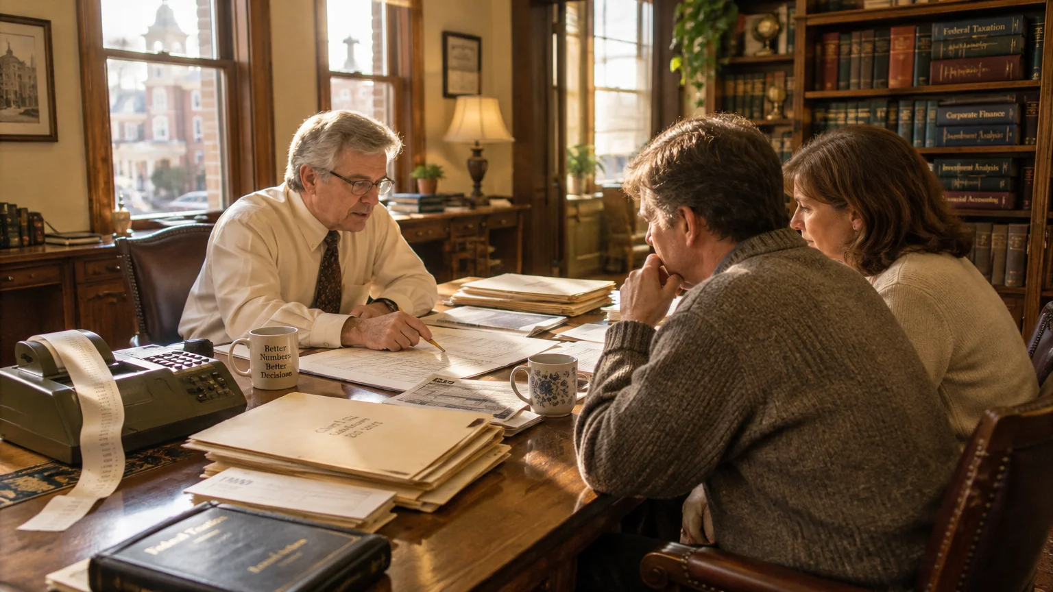 A man and woman sit across a wooden desk reviewing financial paperwork with an older professional man pointing at a document.